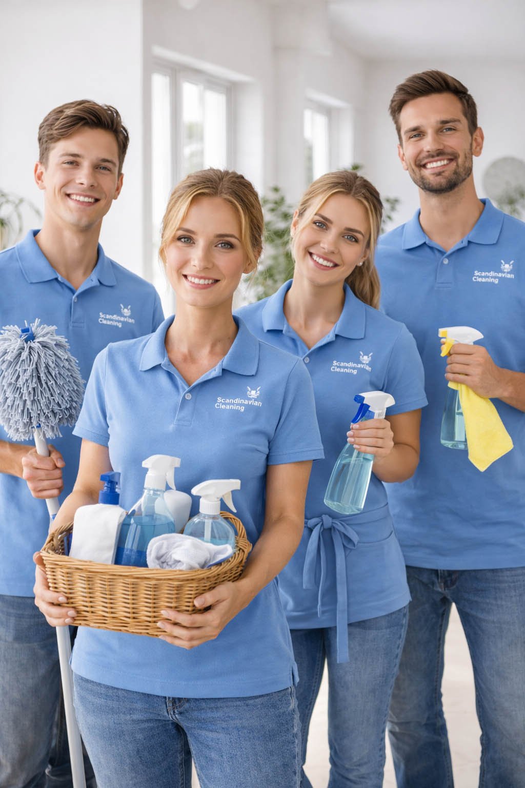 Scandinavian Cleaning professional team in blue uniforms inside modern residential home